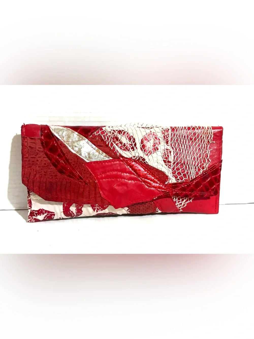 Red Patchwork Leather Evening Clutch - Women's Wristlet